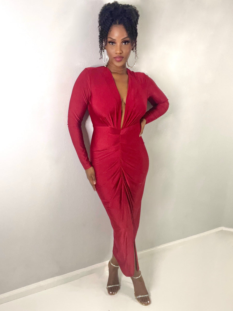 dark cherry red dress Chloe Midi Dress-Dark – Za Belle Boutique Size:40W X 32L Bodycon Dress Womens Party hugging design features a allwomens