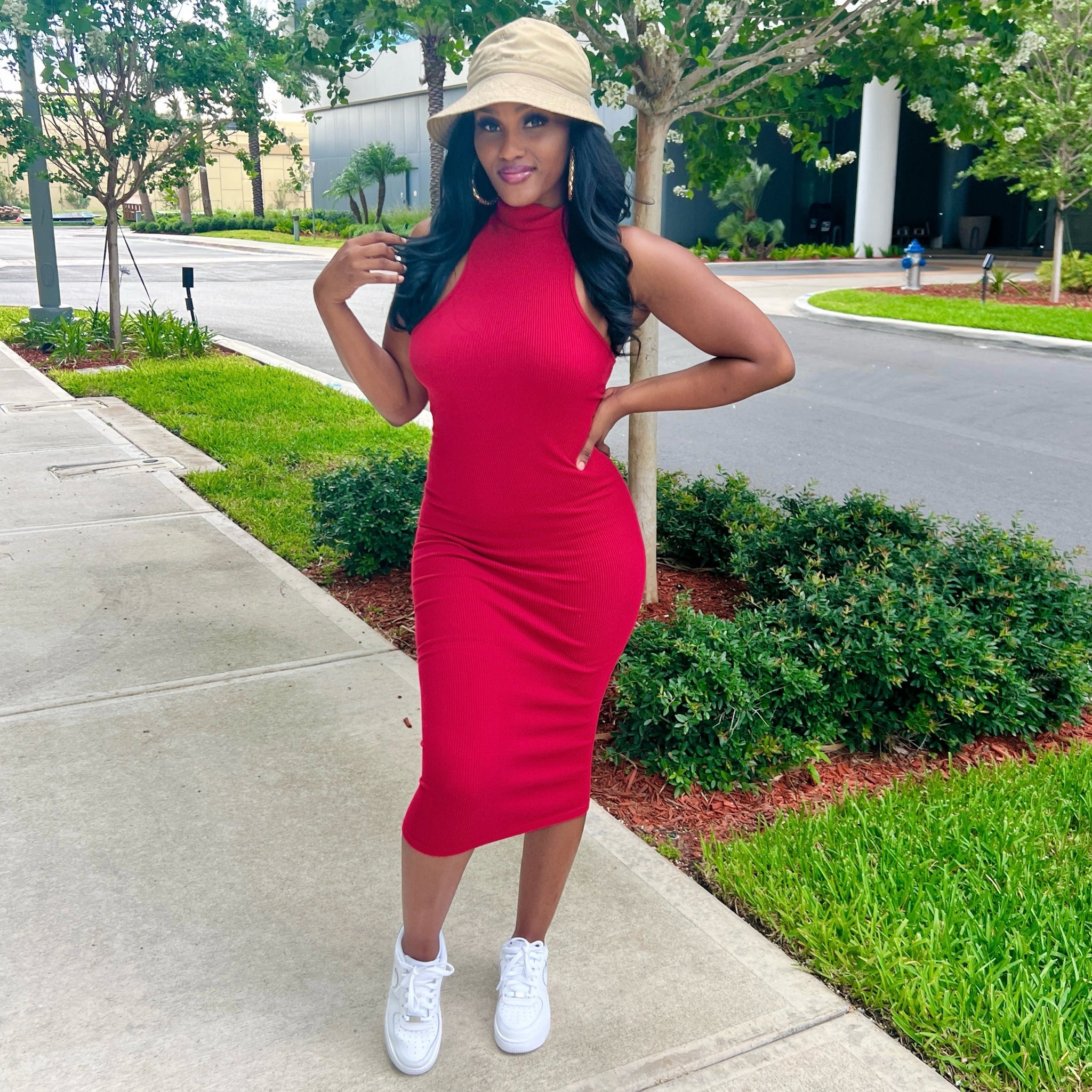 red turtleneck midi dress Red Ribbed Wrap Midi Dress