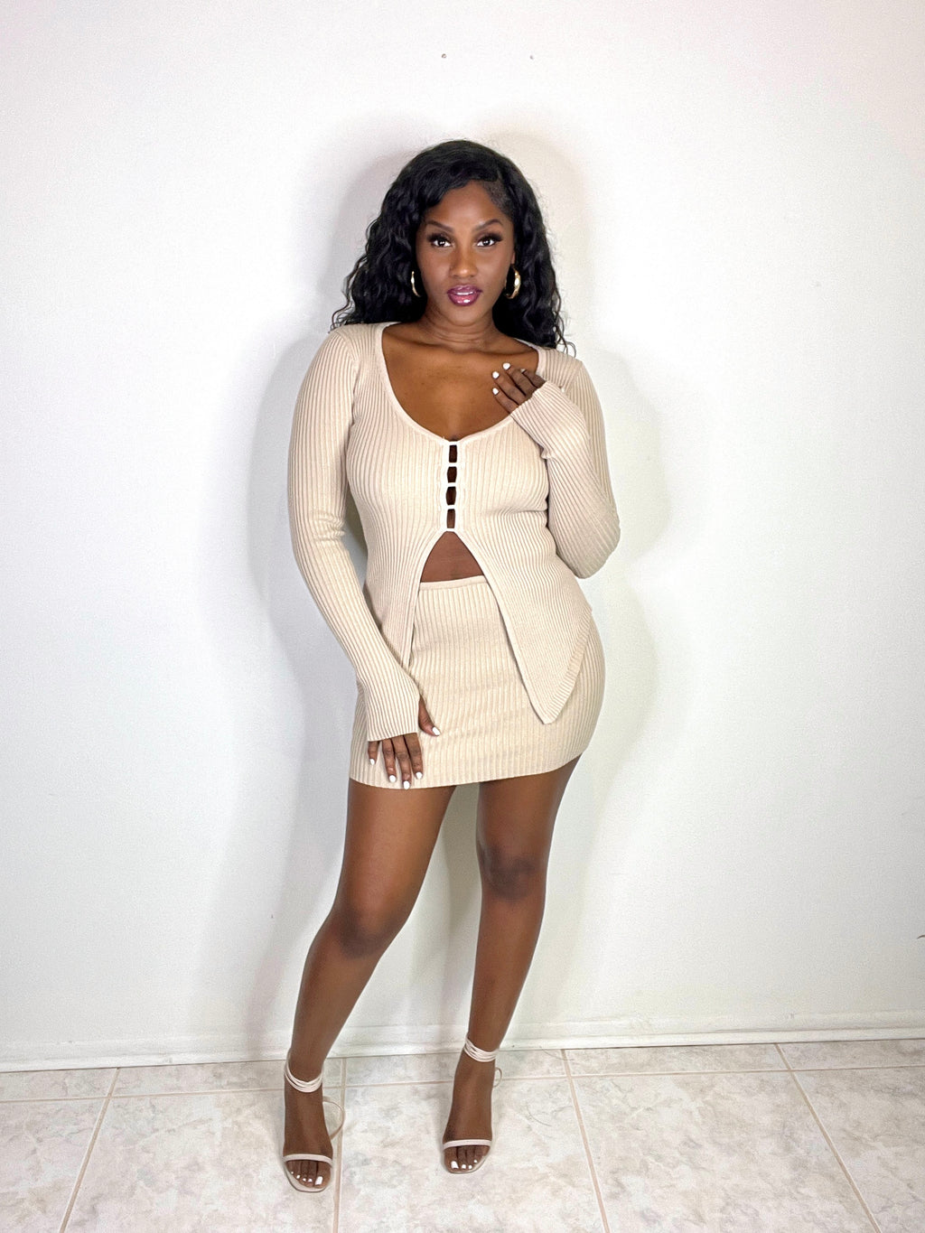 Beige Ribbed Mini Skirt Set